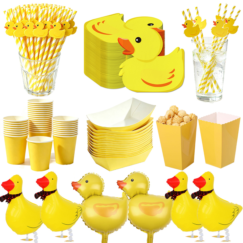 Baby Food Yellow - ผ้าเช็ดปากลายการ์ตูนเป็ดเหลือง หลอดกระดาษใช้แล้วทิ้ง ถาดอาหาร กล่อง ของตกแต่งงานวันเกิดและงานเลี้ยงฉลองทารกแรกเกิดธีมเป็ดว่ายน้ำ