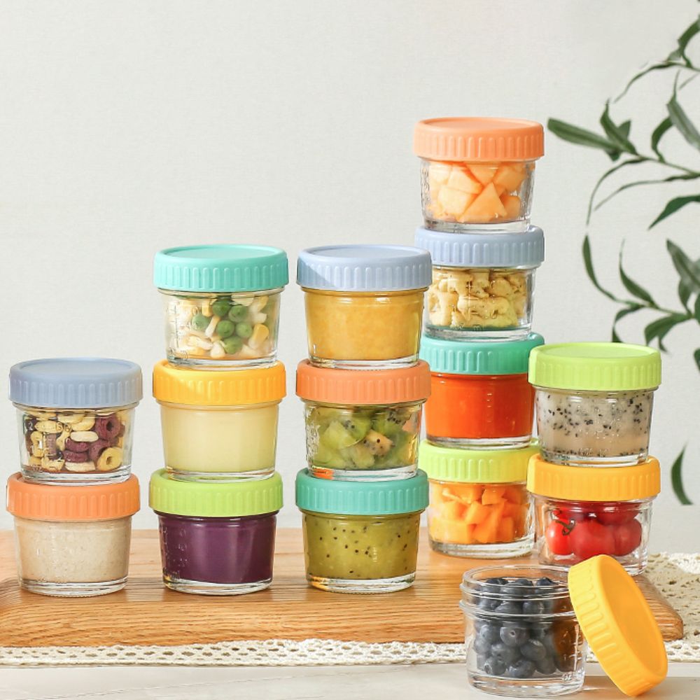 Baby Food Jars Glass - ขวดแก้วใส่อาหารเด็กแบบใช้ซ้ำได้ 6 ชิ้น พร้อมฝาปิด ถ้วยน้ำจิ้มกันรั่ว มีสเกล