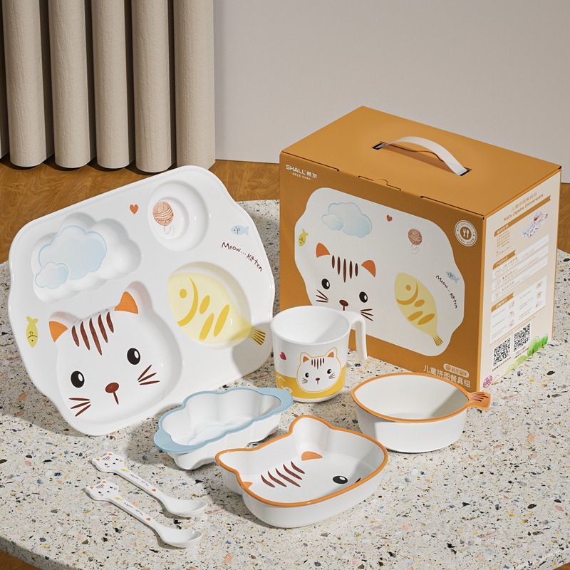 Baby Food Kitten - ชุดกล่องของขวัญชุดจานชามเด็ก ลายการ์ตูนลูกแมว จานแบ่งช่องสำหรับเด็ก ชามอาหารเด็กน่ารัก พร้อมช้อนและแก้ว