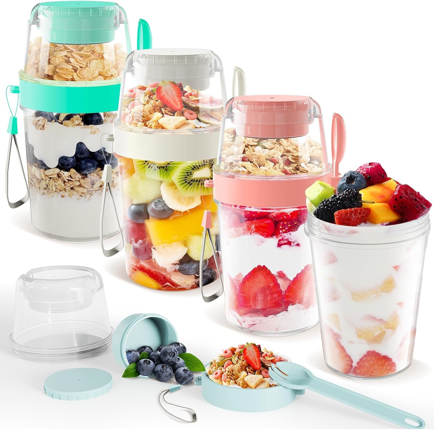 Baby Food On The Go - ถ้วยโยเกิร์ตพาร์เฟต์สลัด 27 ออนซ์ สำหรับอาหารเช้าแบบพกพา พร้อมช้อนส้อม สำหรับใส่ผลไม้